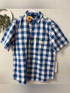 Carhartt Men's Medium Loose Fit Short Sleeve Plaid Shirt Blue White NWT 106140